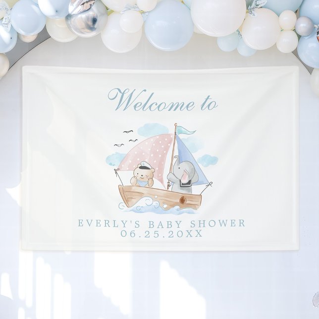 Nautical Elephant Bear Watercolor Boat Baby Shower Banner (Creator Uploaded)