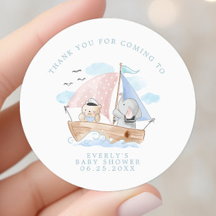 Nautical Elephant Bear Watercolor Boat Baby Shower Classic Round Sticker