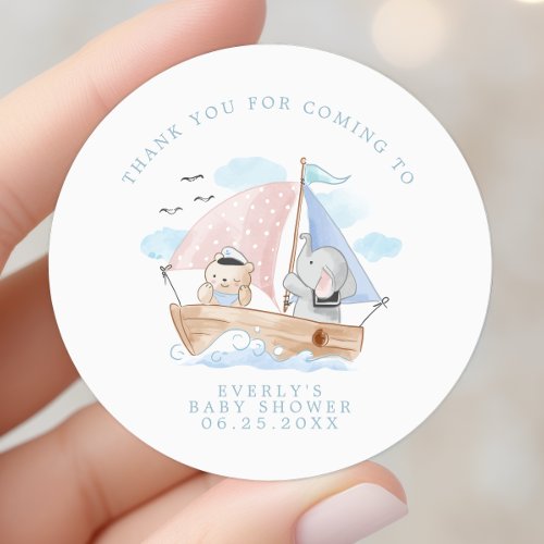 Nautical Elephant Bear Watercolor Boat Baby Shower Classic Round Sticker