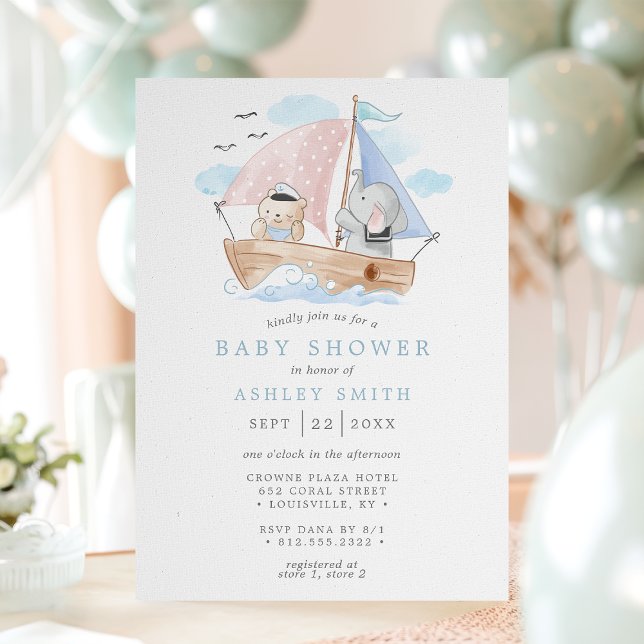 Nautical Elephant Bear Watercolor Boat Baby Shower Invitation (Creator Uploaded)