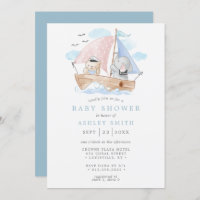 Nautical Elephant Bear Watercolor Boat Baby Shower Invitation