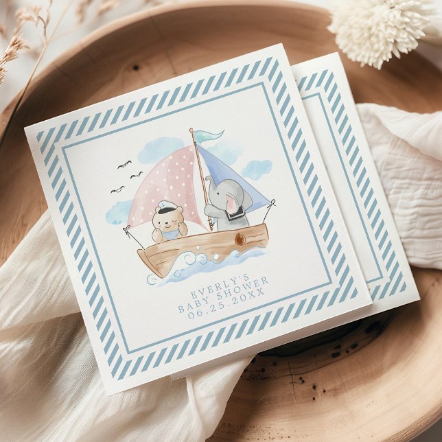 Nautical Elephant Bear Watercolor Boat Baby Shower Napkins (Creator Uploaded)