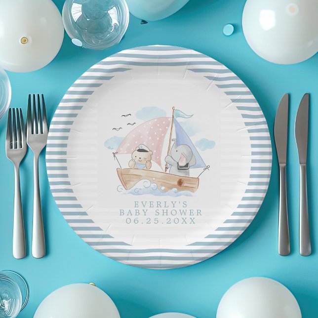 Nautical Elephant Bear Watercolor Boat Baby Shower Paper Plates (Creator Uploaded)