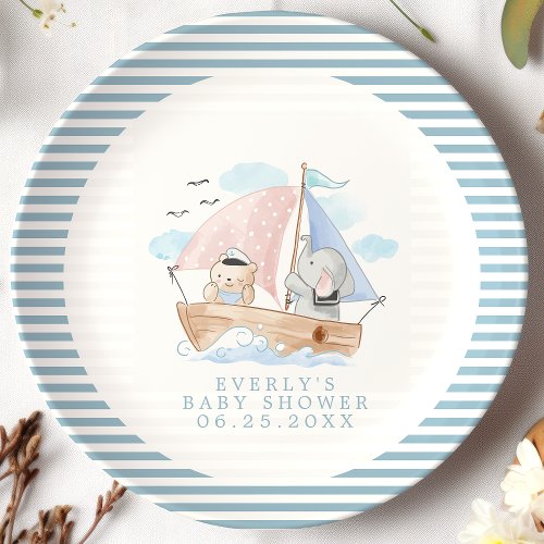 Nautical Elephant Bear Watercolor Boat Baby Shower Paper Plates