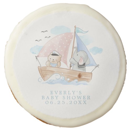 Nautical Elephant Bear Watercolor Boat Baby Shower Sugar Cookie