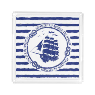 Nautical Emblem With Sailing Ship Acrylic Tray