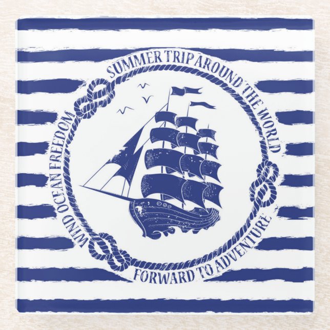 Nautical Emblem With Sailing Ship Glass Coaster (Front)