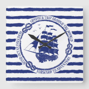 Nautical Emblem With Sailing Ship Square Wall Clock