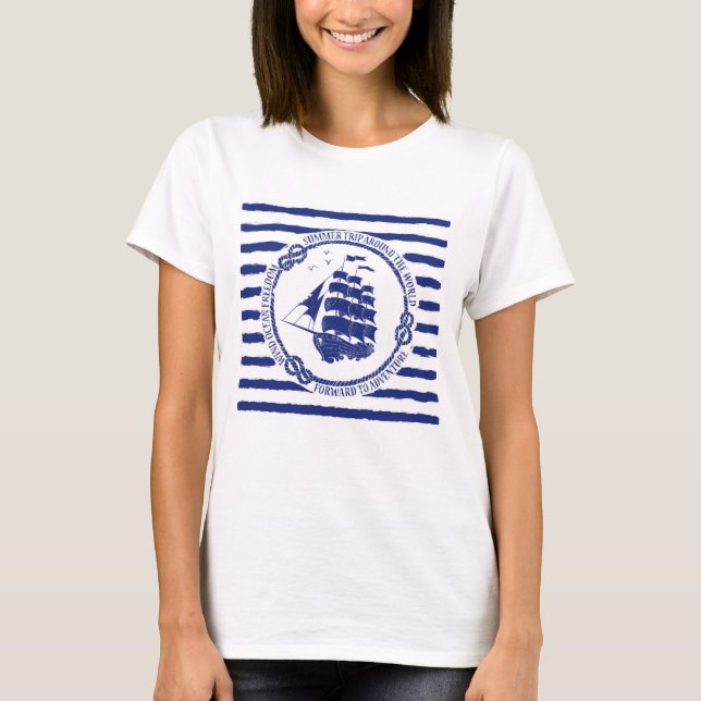 Nautical Emblem With Sailing Ship T-Shirt (Front)