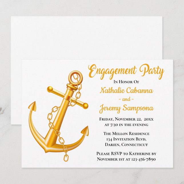 Nautical Engagement Gold Anchor Wedding Beach Boat Invitation (Front/Back)