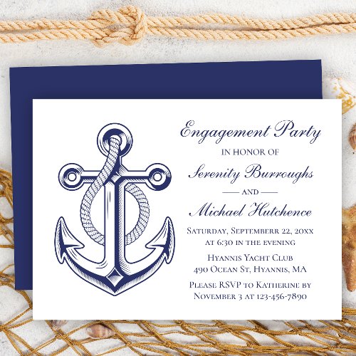 Nautical Engagement Party Navy Blue Anchor Wedding Invitation