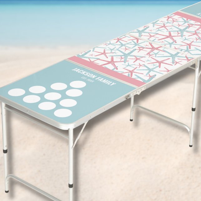 Nautical Family Beach House Beer Pong Table (Custom Family Name Nautical Starfish Beach House Beer Pong Table)