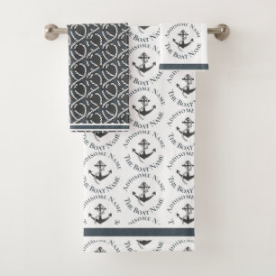Nautical Family Boat Name Navy Anchor Black Gray Bath Towel Set