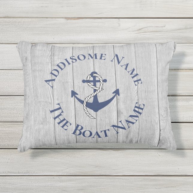 Nautical Family Boat Name Navy Anchor  gray wood A Outdoor Pillow (Front)