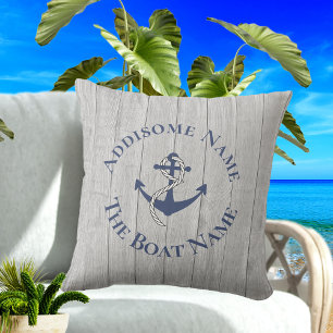 Nautical Family Boat Name Navy Anchor gray wood Outdoor Pillow
