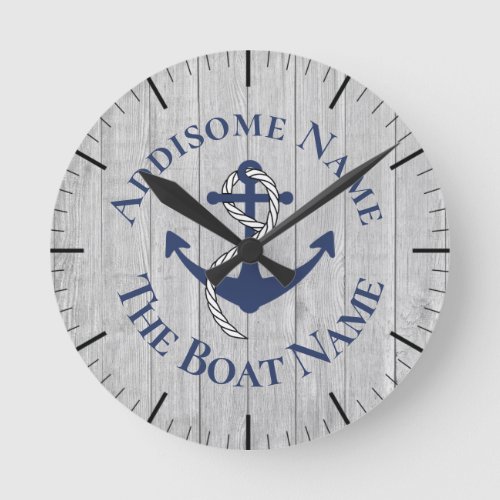 Nautical Family Boat Name Navy Anchor  gray wood   Round Clock