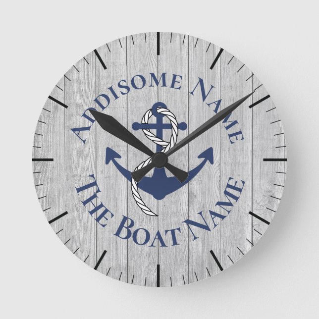 Nautical Family Boat Name Navy Anchor  gray wood   Round Clock (Front)
