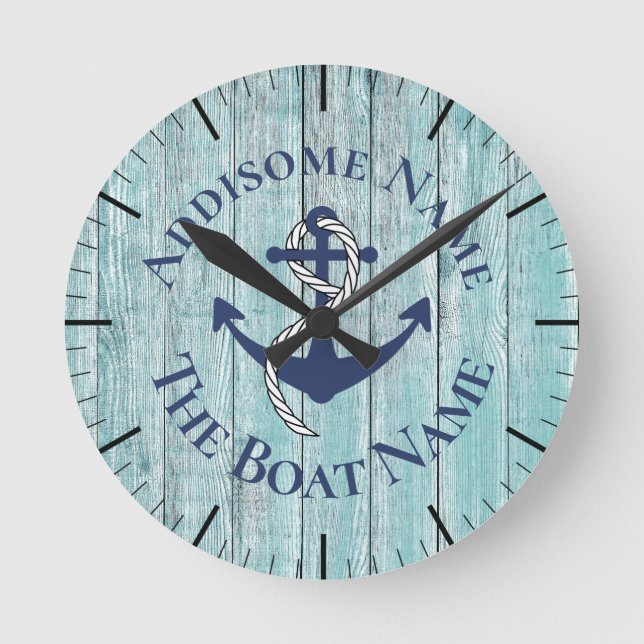 Nautical Family Boat Name Navy Anchor  gray wood   Round Clock (Front)