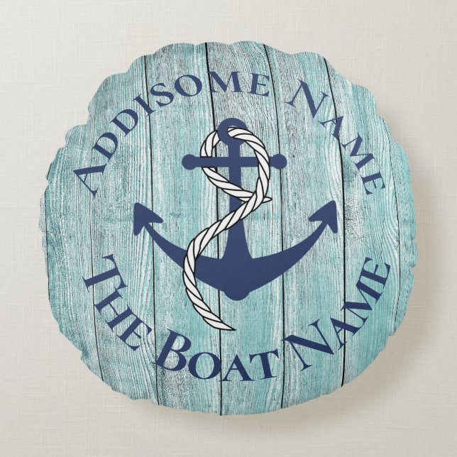 Nautical Family Boat Name Navy Anchor  Round Pillow (Front)