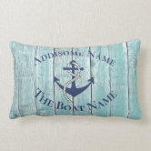 Nautical Anchor Seafoam Stripe Family Monogram Accent Pillow