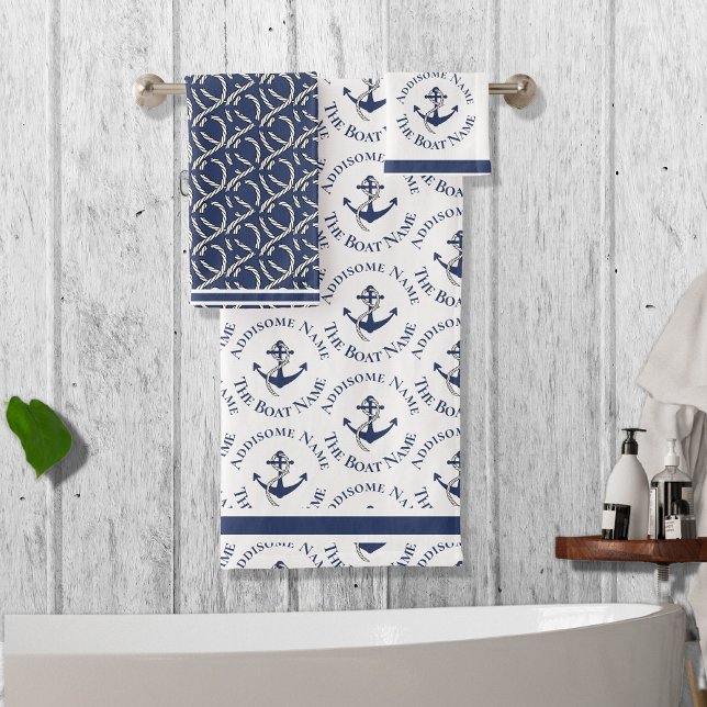Nautical Family Boat Name Navy Blue Anchor  Bath Towel Set (Creator Uploaded)
