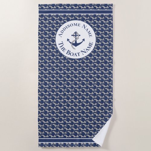 Nautical Family Boat Name Navy Blue  Anchor White  Beach Towel