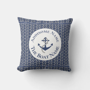 Nautical Family Boat Name Navy Blue Anchor White Throw Pillow