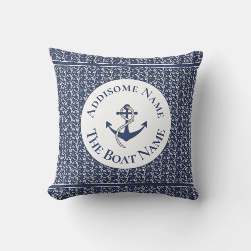 Nautical Family Boat Name Navy Blue  Anchor White  Throw Pillow