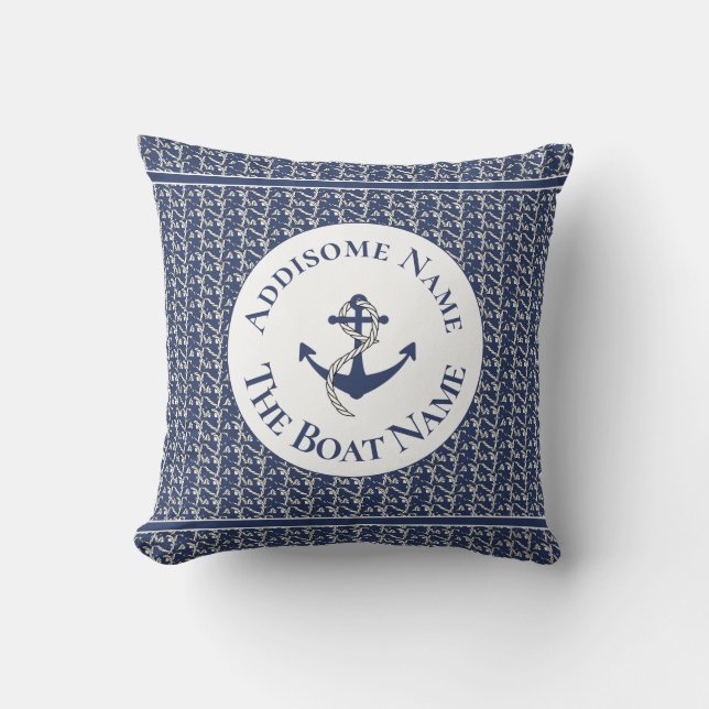 Nautical Family Boat Name Navy Blue  Anchor White  Throw Pillow (Front)