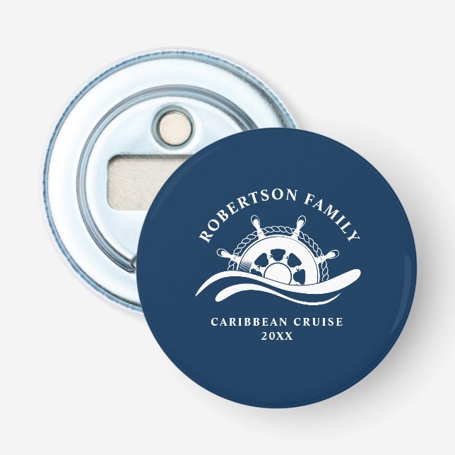 Nautical Family Cruise Ship Wheel Navy Blue Bottle Opener (Front)