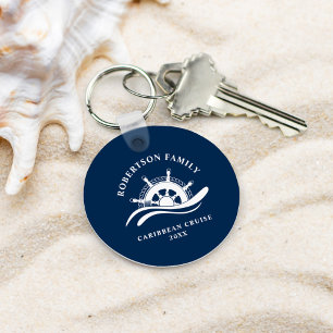 Nautical Family Cruise Ship Wheel Navy Blue Keychain