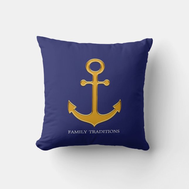 Nautical Family Gold Anchor on Blue Throw Pillow (Front)
