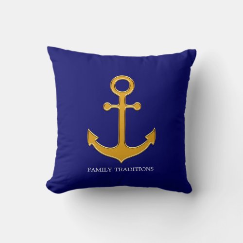 Nautical Family Gold Anchor on Navy Blue Throw Pillow