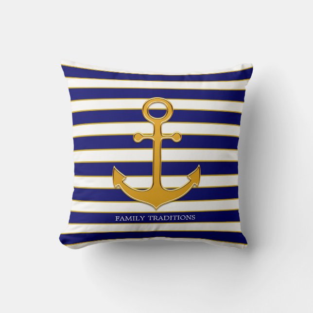 Nautical Family Gold Anchor on Navy Blue & White Throw Pillow (Front)