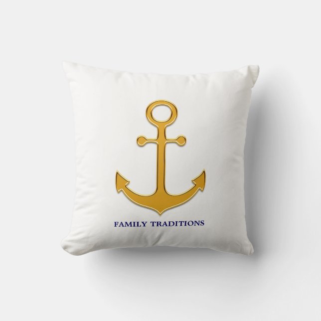 Nautical Family Golden Anchor on White Throw Pillow (Front)