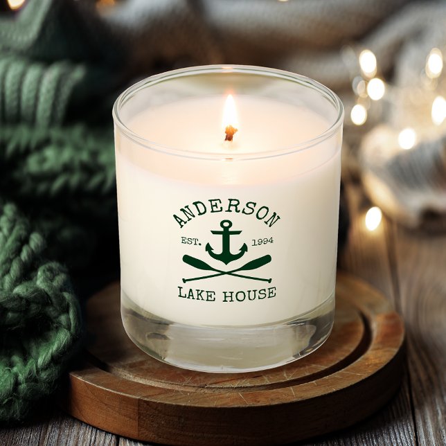 Nautical Family Lake House Green Anchor Oars Scented Candle (Customize to add more text to back.)