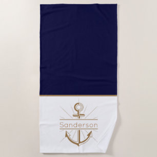 Nautical Family Monogram Navy Blue Gold Anchor Beach Towel