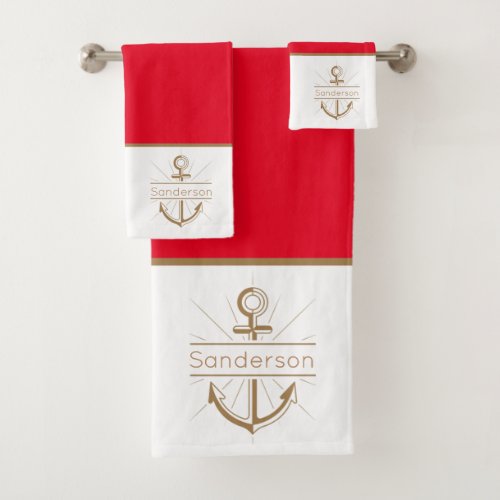 Nautical Family Monogram Red Gold Anchor  Bath Towel Set