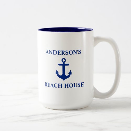 Nautical Family Name Beach House Anchor Blue Large Two_Tone Coffee Mug