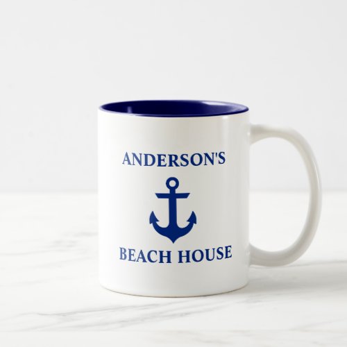 Nautical Family Name Beach House Anchor Blue Two_Tone Coffee Mug