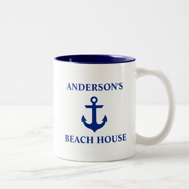 Nautical Family Name Beach House Anchor Blue Two-Tone Coffee Mug (Right)