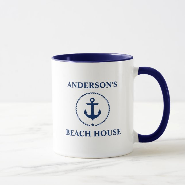 Nautical Family Name Beach House Blue Anchor BL Mug (Right)
