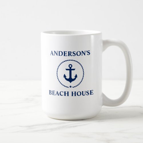 Nautical Family Name Beach House Blue Anchor Large Coffee Mug