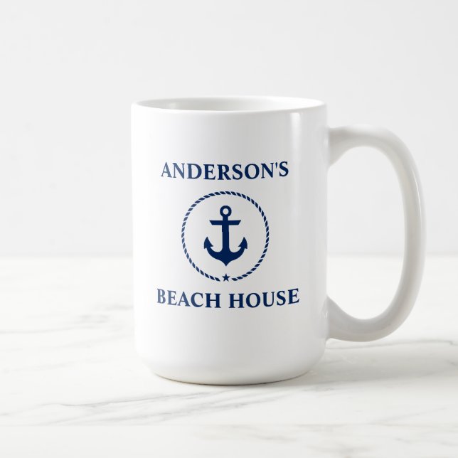 Nautical Family Name Beach House Blue Anchor Large Coffee Mug (Right)