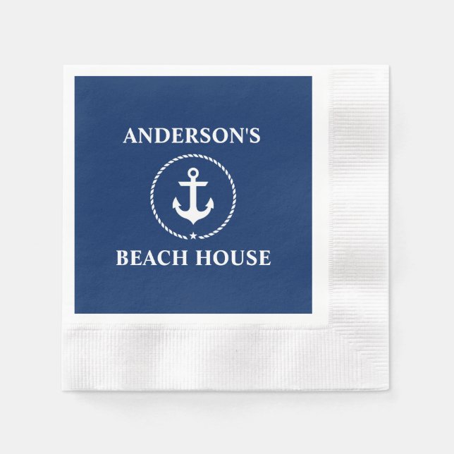 Nautical Family Name Beach House Navy Blue C Napkins (Front)