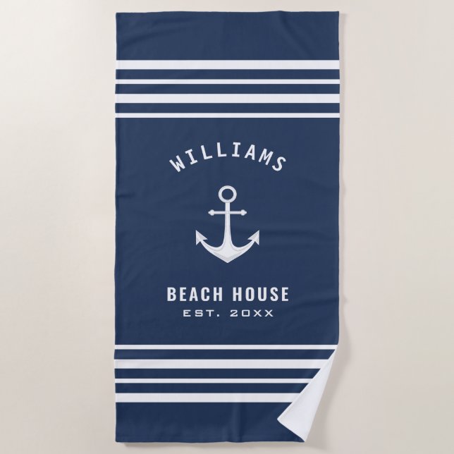 Nautical Family Name Beach House Navy Blue White Towel (Front)