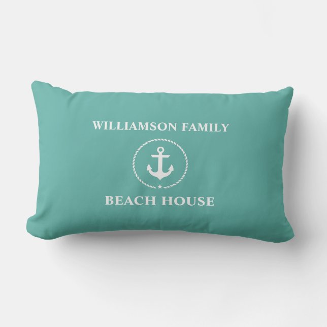 Nautical Family Name Beach House Outdoor Lumbar Pillow (Front)