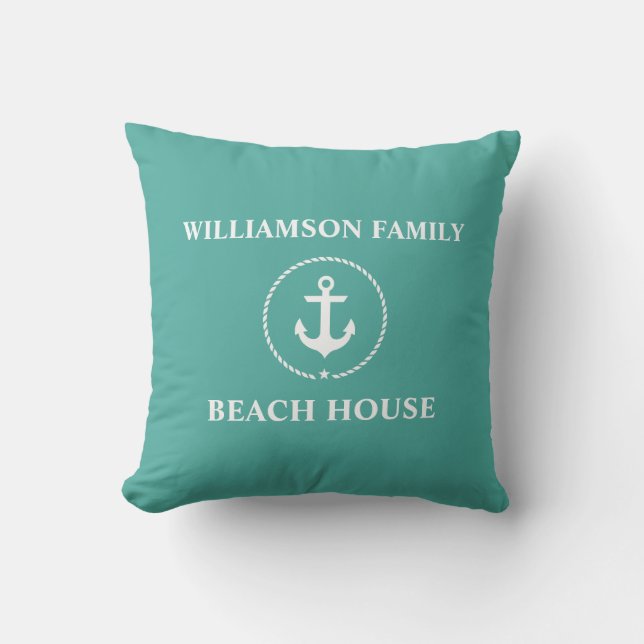 Nautical Family Name Beach House Throw Pillow (Front)
