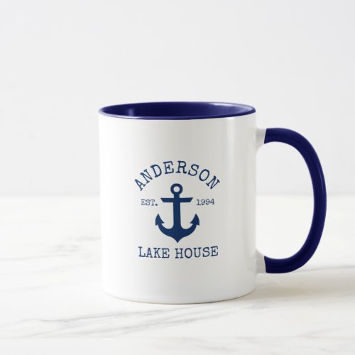 Nautical Family Name Lake House Anchor Blue White Mug