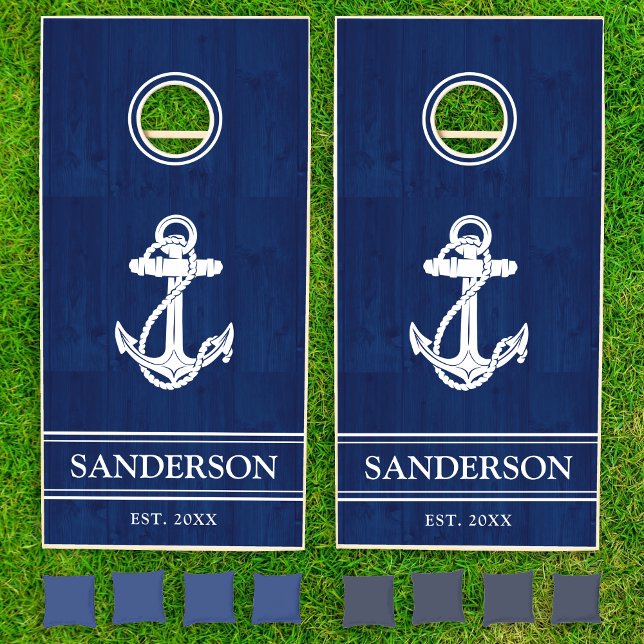 Nautical Family Name Lake House Anchor Blue Wood Cornhole Set (Customize this cornhole set with your family name. Take it to the lake house, beach house, backyard!)